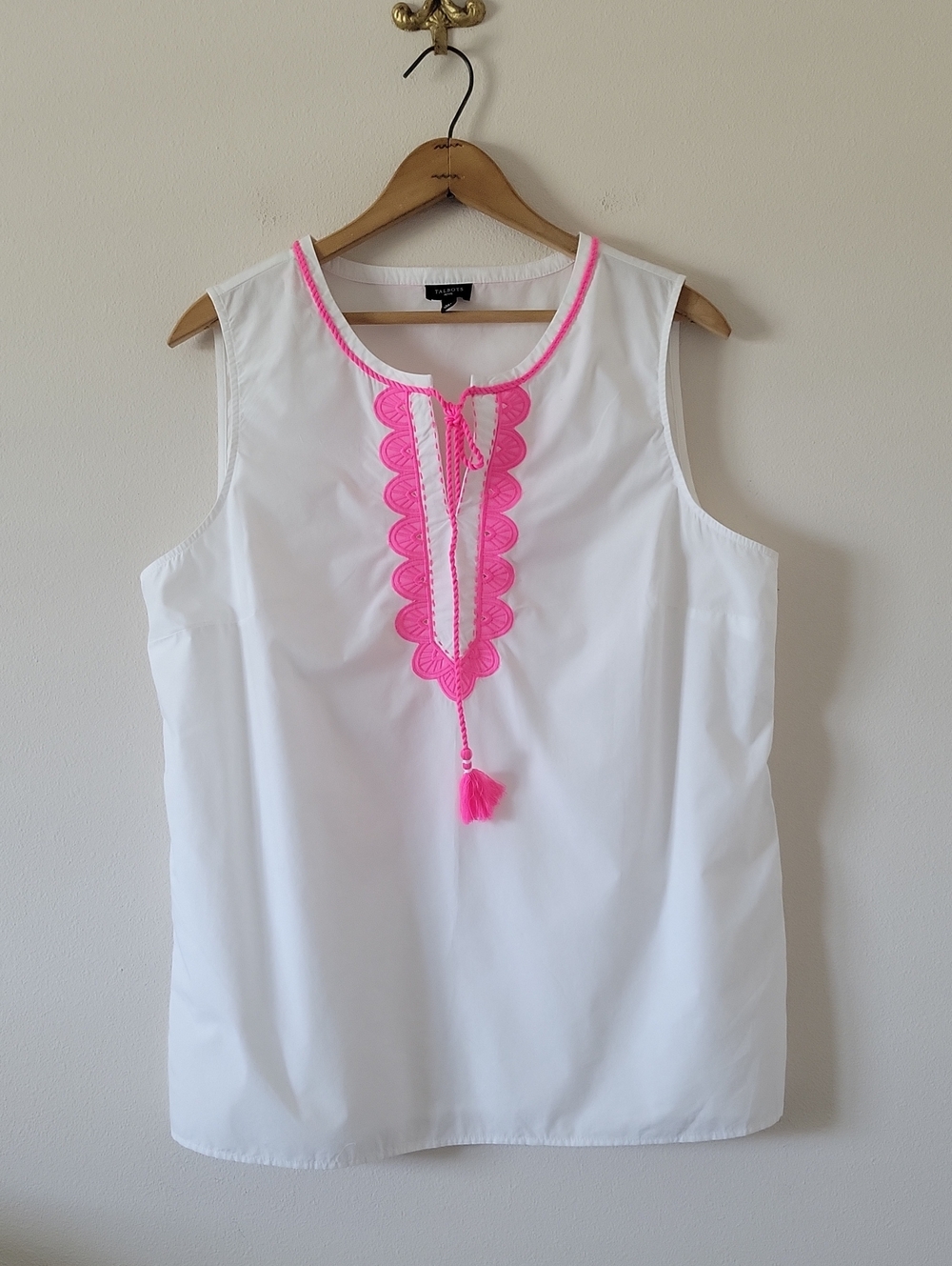 Talbots White Pink Appliquéd Tassel Poplin Tunic Size XLP